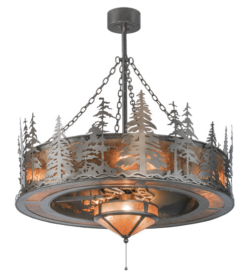 Meyda Lighting Tall Pines 44" 11-Light Nickel Chandelier With Silver Mica Shade Glass and Silver Fan