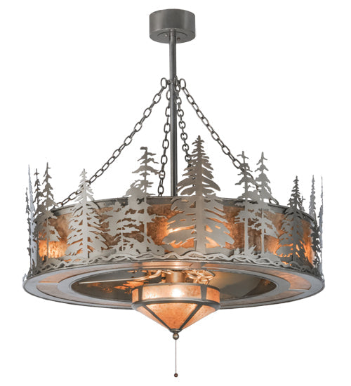 Meyda Lighting Tall Pines 44" 11-Light Nickel Chandelier With Silver Mica Shade Glass and Silver Fan