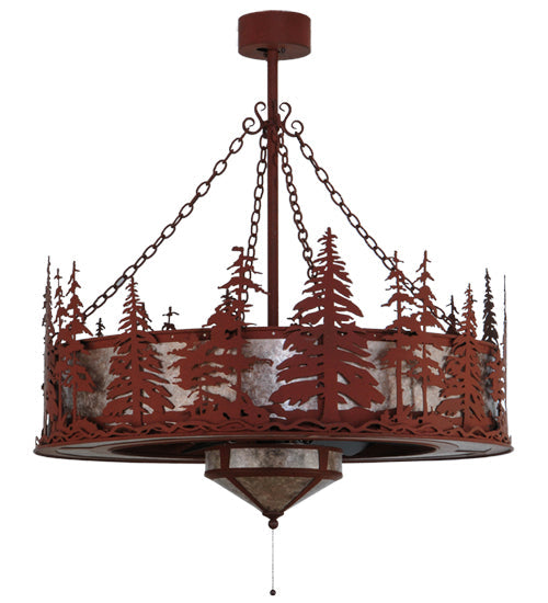 Meyda Lighting Tall Pines 44" 11-Light Red Rust Chandelier With Silver Mica Shade Glass and Fan