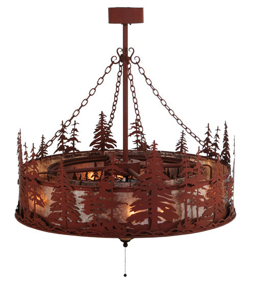 Meyda Lighting Tall Pines 44" 11-Light Red Rust Chandelier With Silver Mica Shade Glass and Fan