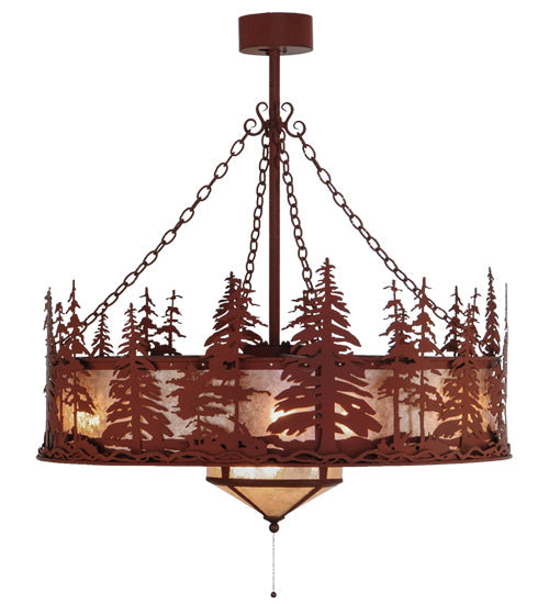 Meyda Lighting Tall Pines 44" 11-Light Red Rust Chandelier With Silver Mica Shade Glass and Fan
