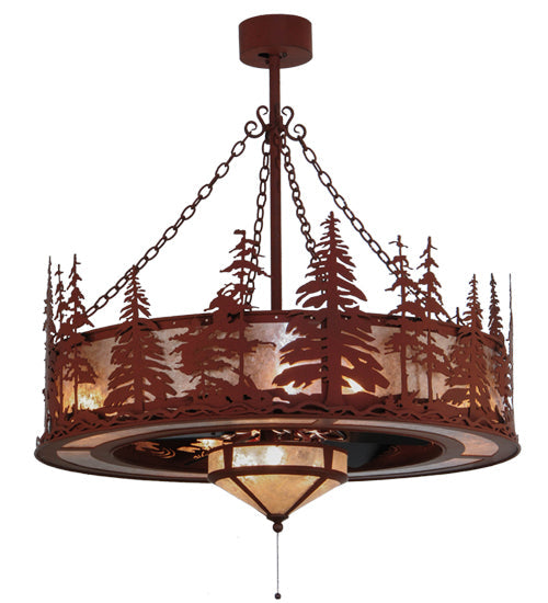 Meyda Lighting Tall Pines 44" 11-Light Red Rust Chandelier With Silver Mica Shade Glass and Fan