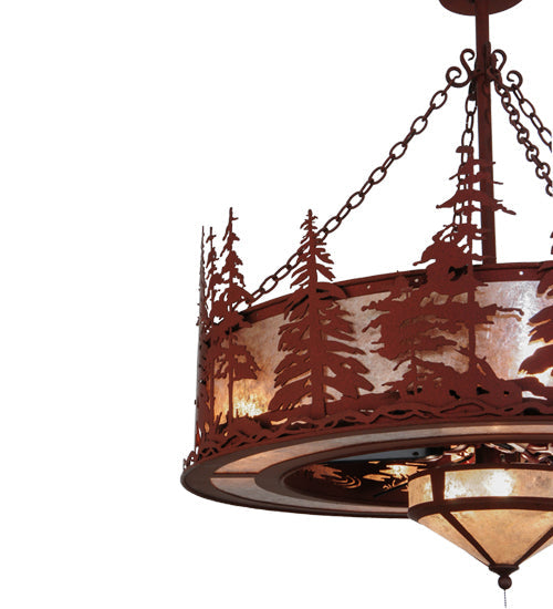 Meyda Lighting Tall Pines 44" 11-Light Red Rust Chandelier With Silver Mica Shade Glass and Fan