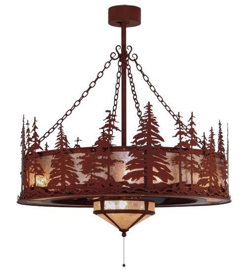 Meyda Lighting Tall Pines 44" 11-Light Red Rust Chandelier With Silver Mica Shade Glass and Fan