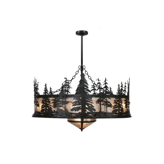 Meyda Lighting Tall Pines 44" 11-Light Textured Black Chandelier With Silver Mica Shade Glass and Black Fan