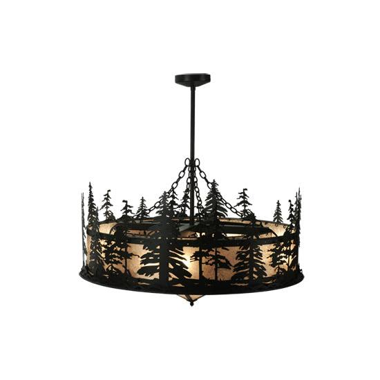Meyda Lighting Tall Pines 44" 11-Light Textured Black Chandelier With Silver Mica Shade Glass and Black Fan