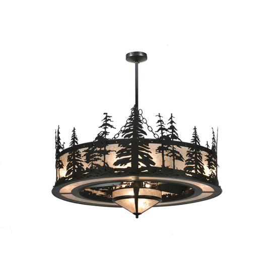 Meyda Lighting Tall Pines 44" 11-Light Textured Black Chandelier With Silver Mica Shade Glass and Black Fan