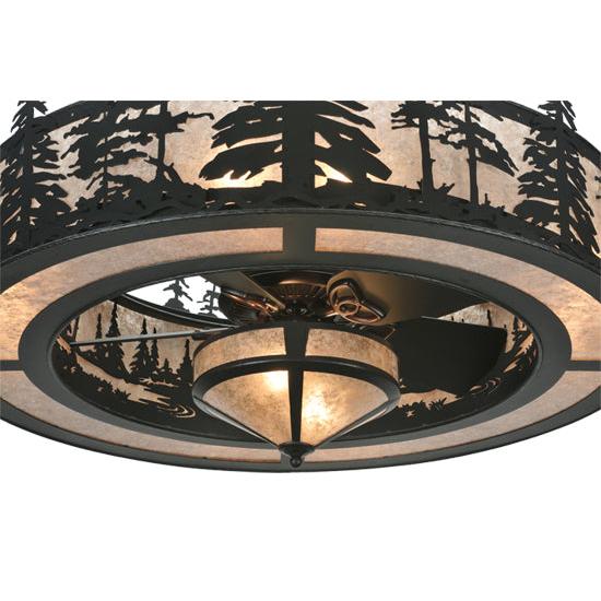 Meyda Lighting Tall Pines 44" 11-Light Textured Black Chandelier With Silver Mica Shade Glass and Black Fan
