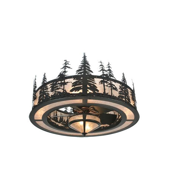 Meyda Lighting Tall Pines 44" 11-Light Textured Black Chandelier With Silver Mica Shade Glass and Black Fan