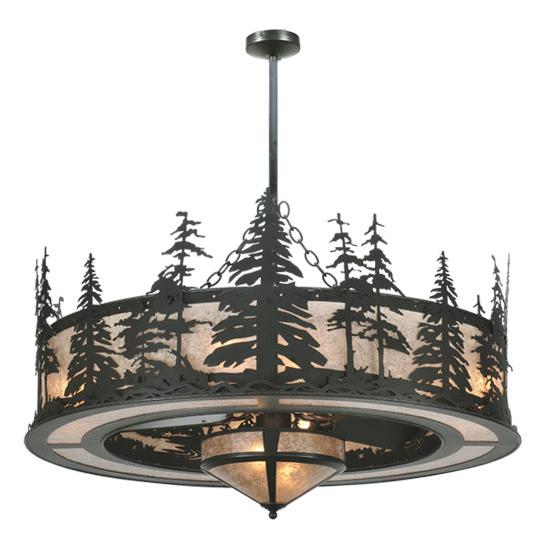 Meyda Lighting Tall Pines 44" 11-Light Textured Black Chandelier With Silver Mica Shade Glass and Black Fan