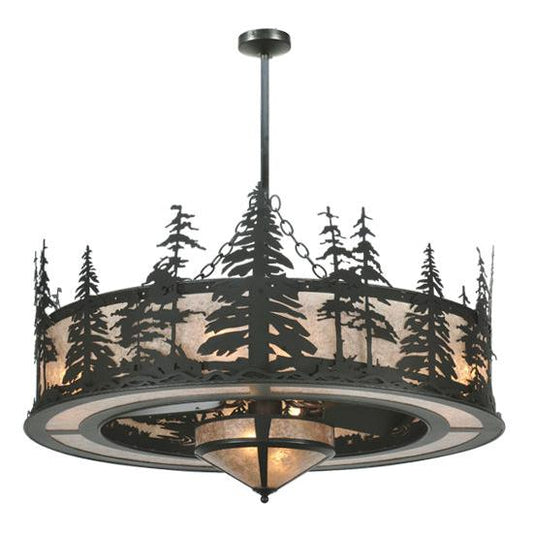 Meyda Lighting Tall Pines 44" 11-Light Textured Black Chandelier With Silver Mica Shade Glass and Black Fan