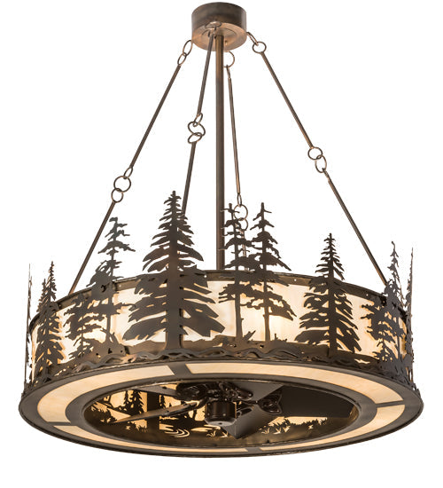 Meyda Lighting Tall Pines 44" 16-Light Dark Burnished Antique Copper Chandelier With Creme Carrare Idalight Shade Glass and Fan