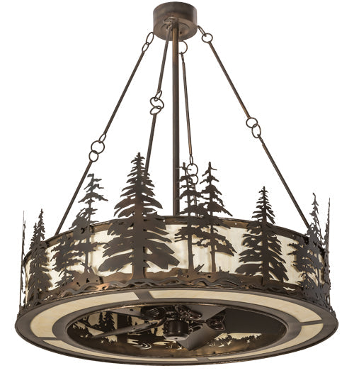 Meyda Lighting Tall Pines 44" 16-Light Dark Burnished Antique Copper Chandelier With Creme Carrare Idalight Shade Glass and Fan