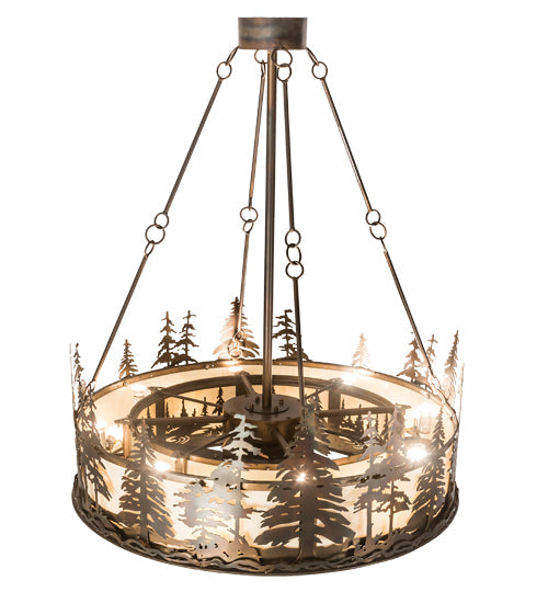 Meyda Lighting Tall Pines 44" 16-Light Dark Burnished Antique Copper Chandelier With Creme Carrare Idalight Shade Glass and Fan