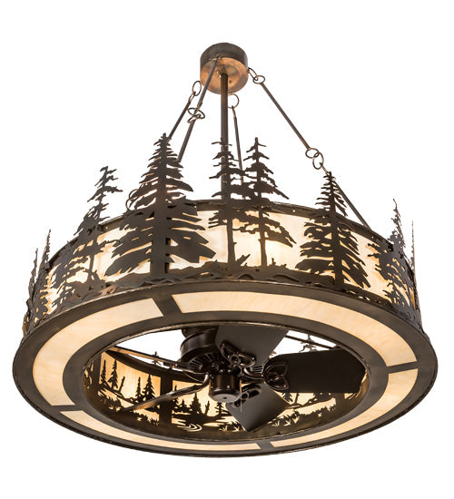 Meyda Lighting Tall Pines 44" 16-Light Dark Burnished Antique Copper Chandelier With Creme Carrare Idalight Shade Glass and Fan