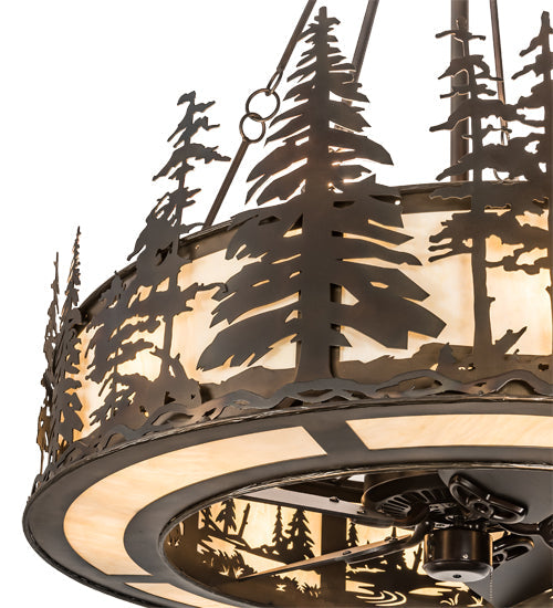 Meyda Lighting Tall Pines 44" 16-Light Dark Burnished Antique Copper Chandelier With Creme Carrare Idalight Shade Glass and Fan