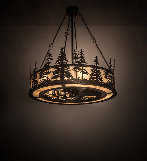 Meyda Lighting Tall Pines 44" 16-Light Dark Burnished Antique Copper Chandelier With Creme Carrare Idalight Shade Glass and Fan
