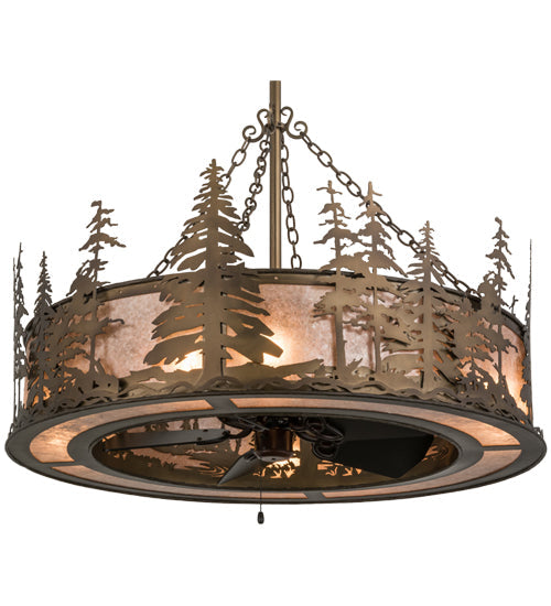 Meyda Lighting Tall Pines 44" 8-Light Antique Copper Chandelier With Silver Mica Shade Glass and Fan