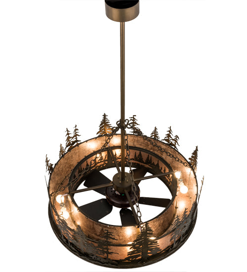 Meyda Lighting Tall Pines 44" 8-Light Antique Copper Chandelier With Silver Mica Shade Glass and Fan