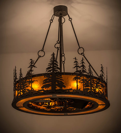 Meyda Lighting Tall Pines 44" 8-Light Copper Rust Chandelier With Amber Mica Shade Glass and Fan