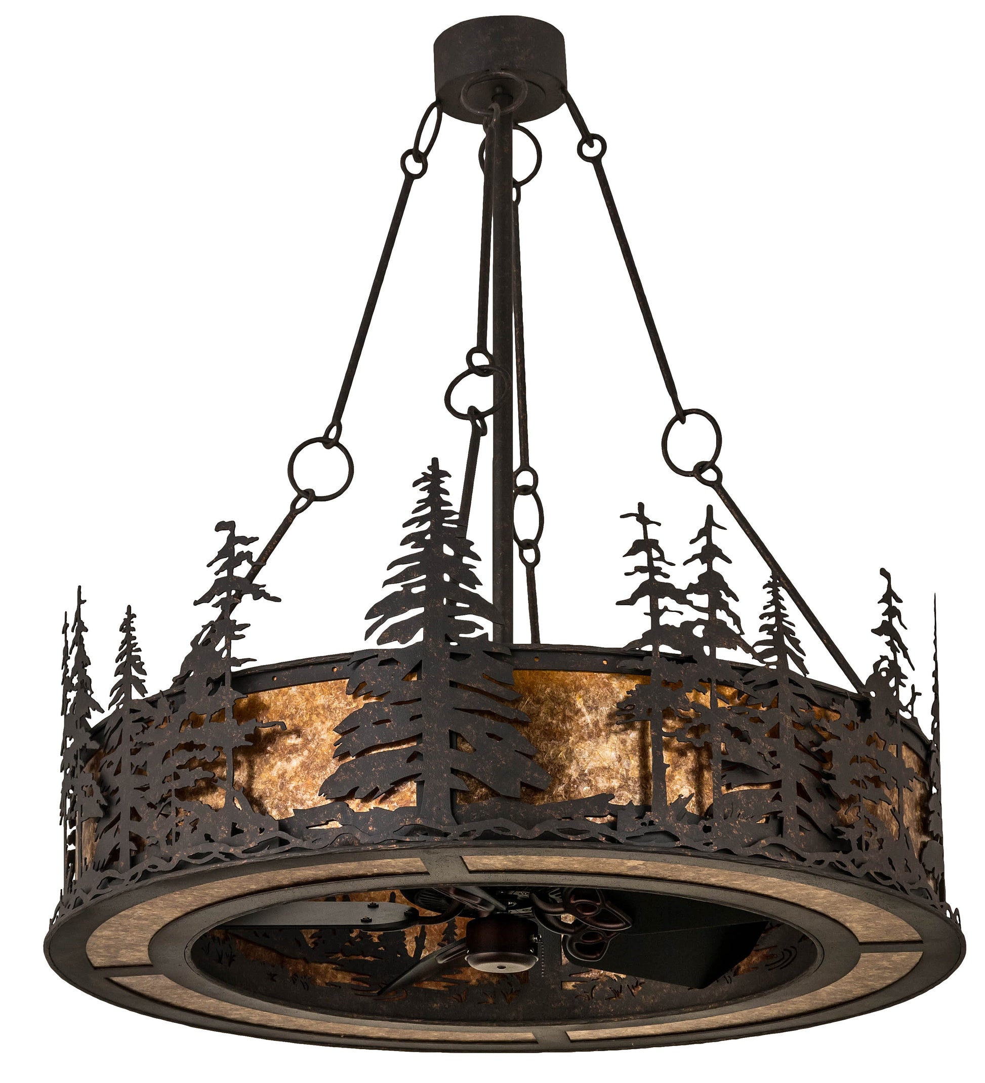 Meyda Lighting Tall Pines 44" 8-Light Copper Rust Chandelier With Amber Mica Shade Glass and Fan