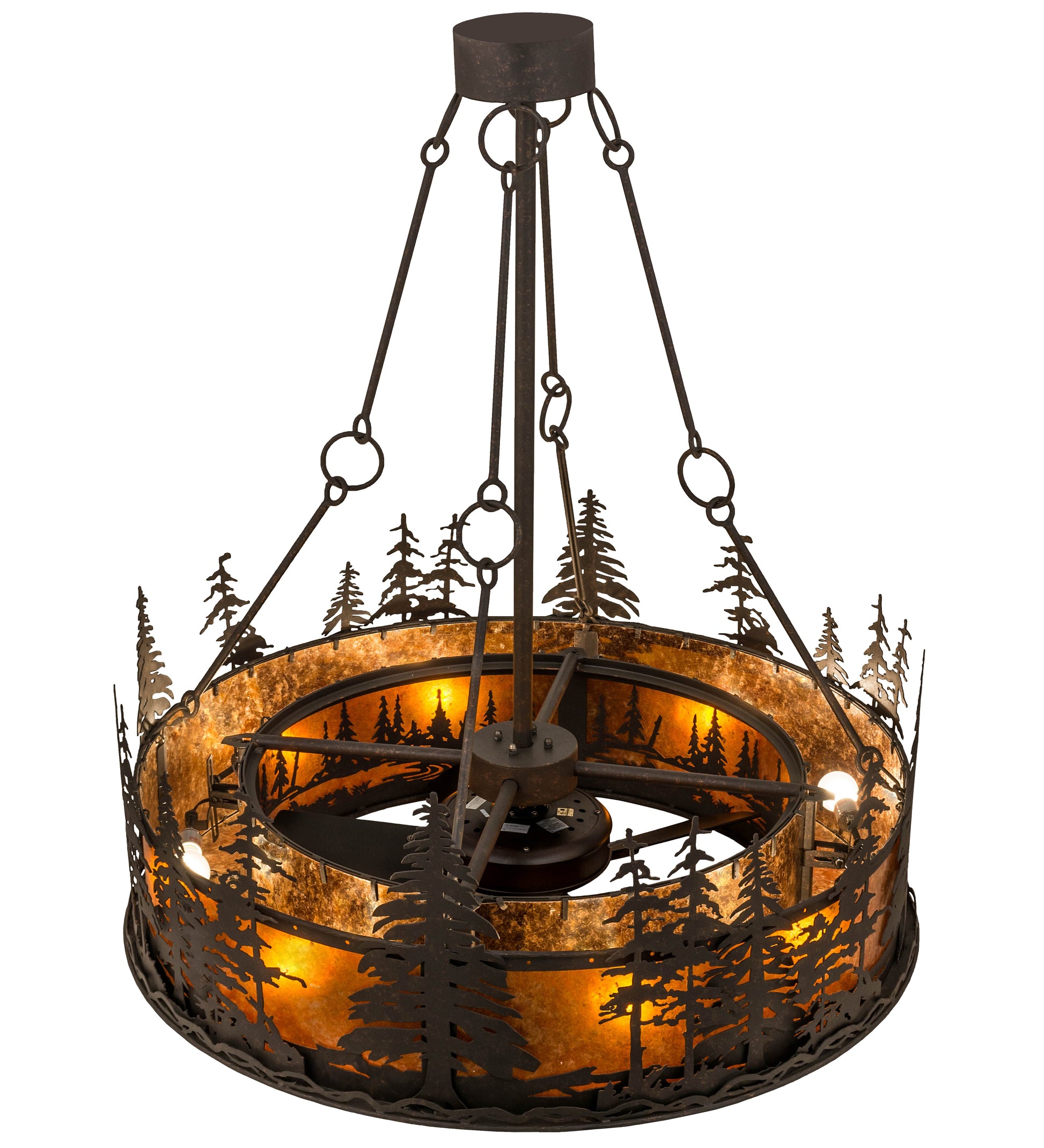 Meyda Lighting Tall Pines 44" 8-Light Copper Rust Chandelier With Amber Mica Shade Glass and Fan