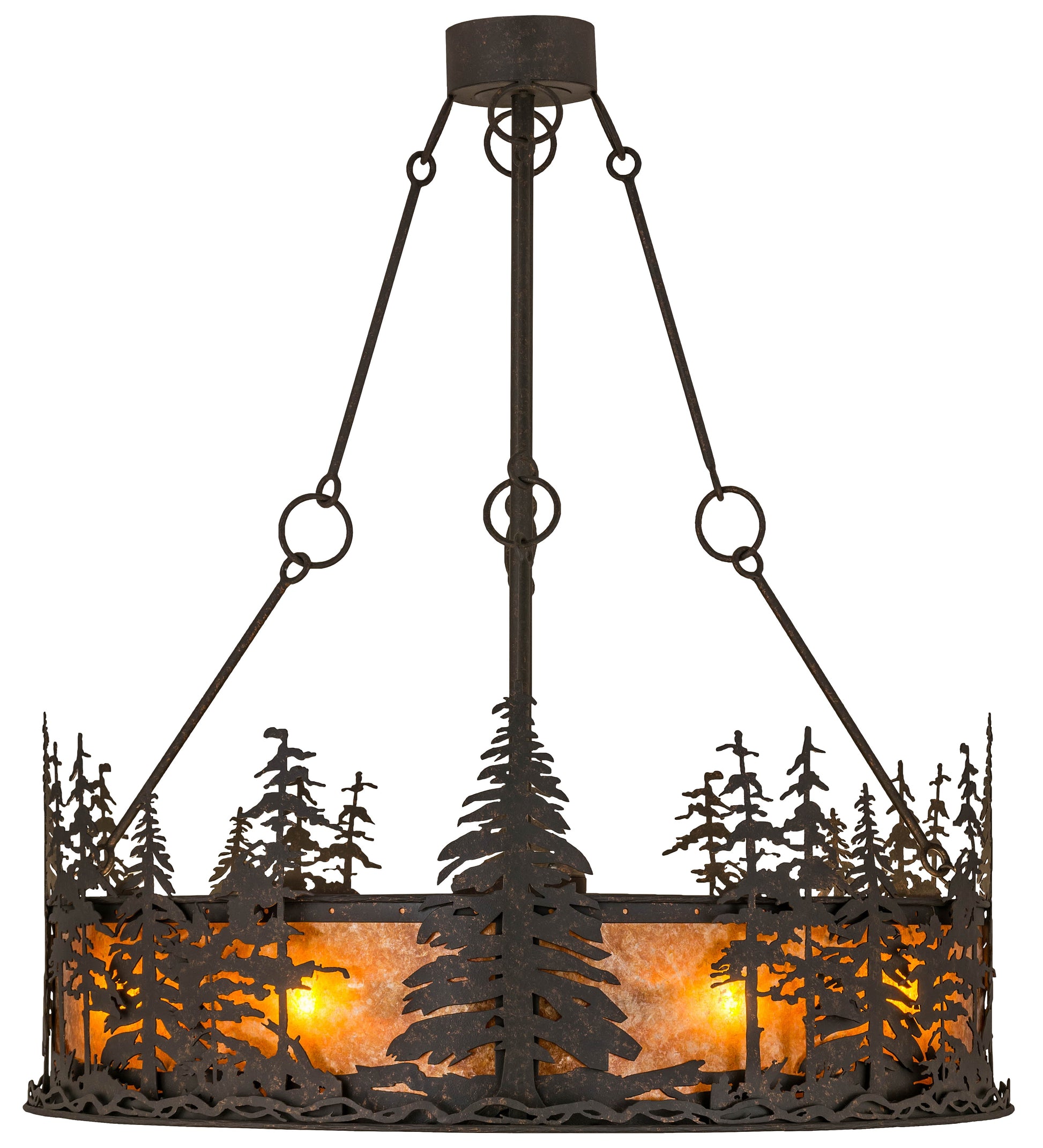 Meyda Lighting Tall Pines 44" 8-Light Copper Rust Chandelier With Amber Mica Shade Glass and Fan