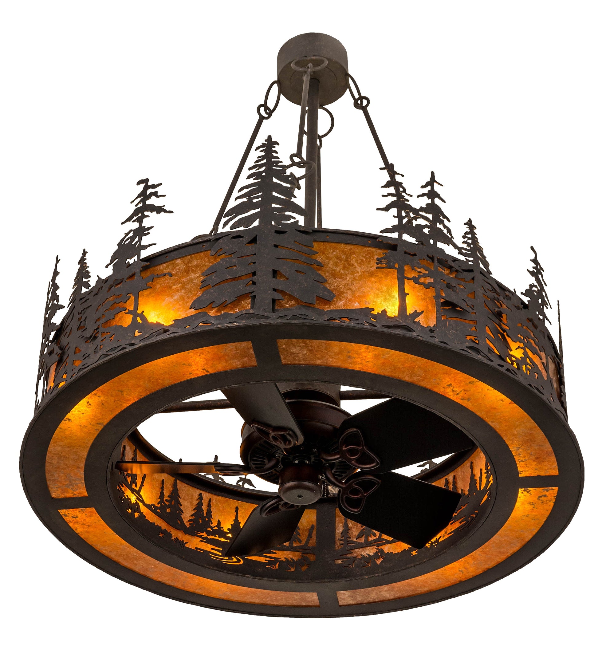 Meyda Lighting Tall Pines 44" 8-Light Copper Rust Chandelier With Amber Mica Shade Glass and Fan