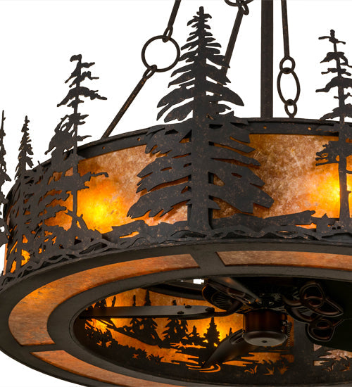 Meyda Lighting Tall Pines 44" 8-Light Copper Rust Chandelier With Amber Mica Shade Glass and Fan