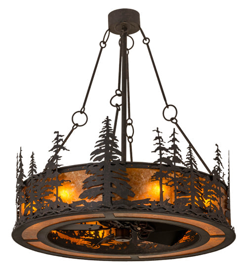 Meyda Lighting Tall Pines 44" 8-Light Copper Rust Chandelier With Amber Mica Shade Glass and Fan