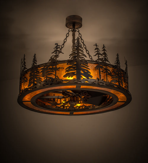 Meyda Lighting Tall Pines 44" 8-Light Light Burnished Antique Copper Chandelier With Amber Mica Shade Glass and Fan