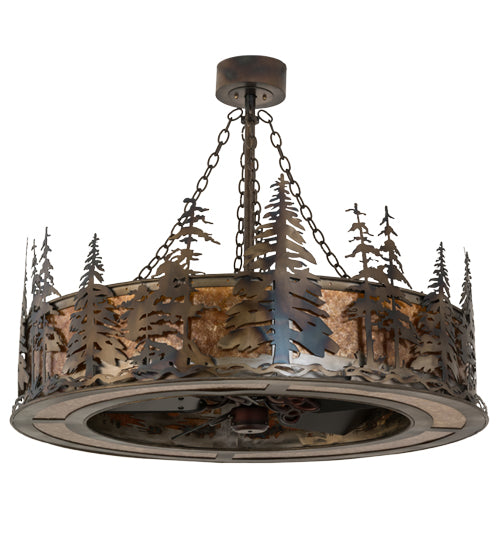 Meyda Lighting Tall Pines 44" 8-Light Light Burnished Antique Copper Chandelier With Amber Mica Shade Glass and Fan