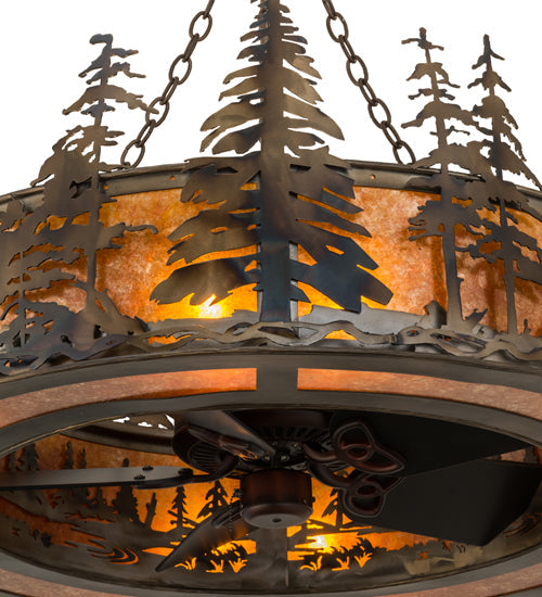 Meyda Lighting Tall Pines 44" 8-Light Light Burnished Antique Copper Chandelier With Amber Mica Shade Glass and Fan