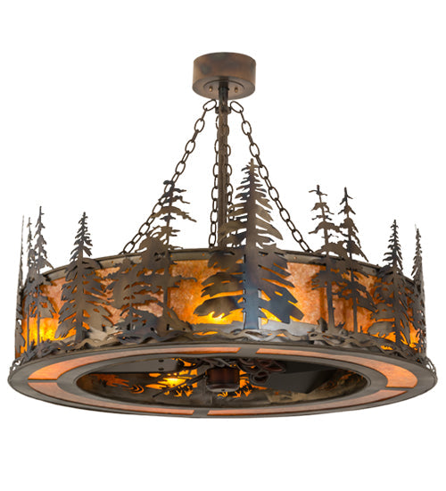 Meyda Lighting Tall Pines 44" 8-Light Light Burnished Antique Copper Chandelier With Amber Mica Shade Glass and Fan