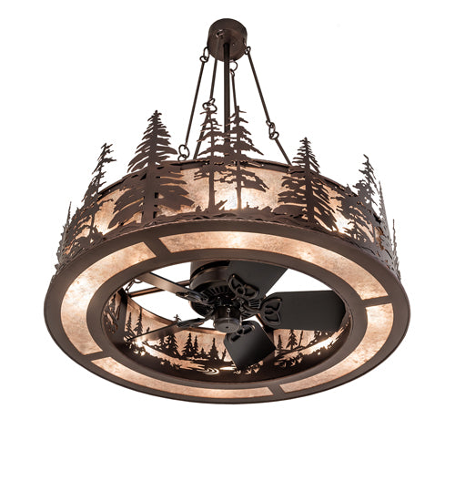 Meyda Lighting Tall Pines 44" 8-Light Mahogany Bronze Chandelier With Silver Mica Shade Glass and Fan