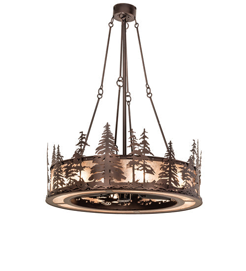 Meyda Lighting Tall Pines 44" 8-Light Mahogany Bronze Chandelier With Silver Mica Shade Glass and Fan