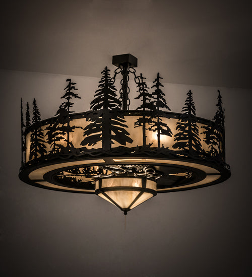 Meyda Lighting Tall Pines 45" 11-Light Black Chandelier With Beige Sahara Taupe Idalight Shade Glass and Fan