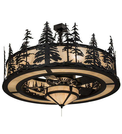Meyda Lighting Tall Pines 45" 11-Light Black Chandelier With Beige Sahara Taupe Idalight Shade Glass and Fan
