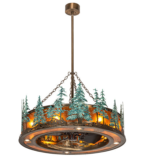 Meyda Lighting Tall Pines 45" 12-Light Antique Copper & Green Trees Chandelier With Amber Mica Shade Glass and Fan