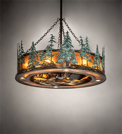 Meyda Lighting Tall Pines 45" 12-Light Antique Copper & Green Trees Chandelier With Amber Mica Shade Glass and Fan