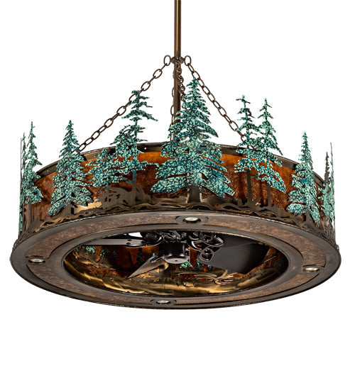 Meyda Lighting Tall Pines 45" 12-Light Antique Copper & Green Trees Chandelier With Amber Mica Shade Glass and Fan