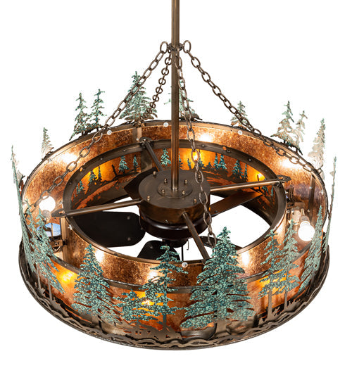 Meyda Lighting Tall Pines 45" 12-Light Antique Copper & Green Trees Chandelier With Amber Mica Shade Glass and Fan