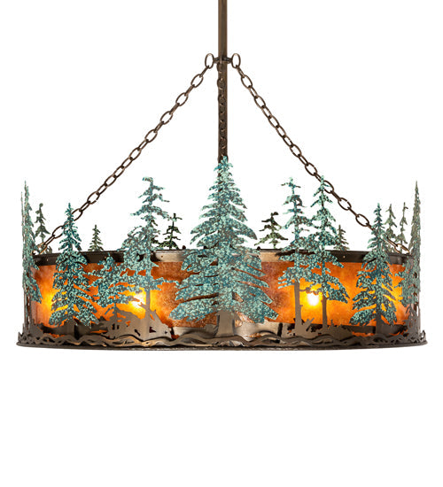 Meyda Lighting Tall Pines 45" 12-Light Antique Copper & Green Trees Chandelier With Amber Mica Shade Glass and Fan