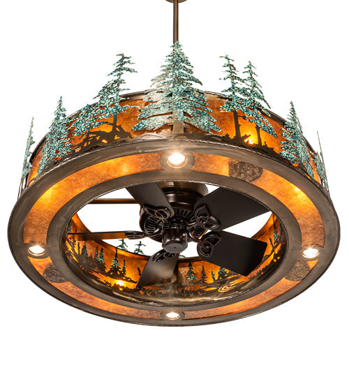 Meyda Lighting Tall Pines 45" 12-Light Antique Copper & Green Trees Chandelier With Amber Mica Shade Glass and Fan