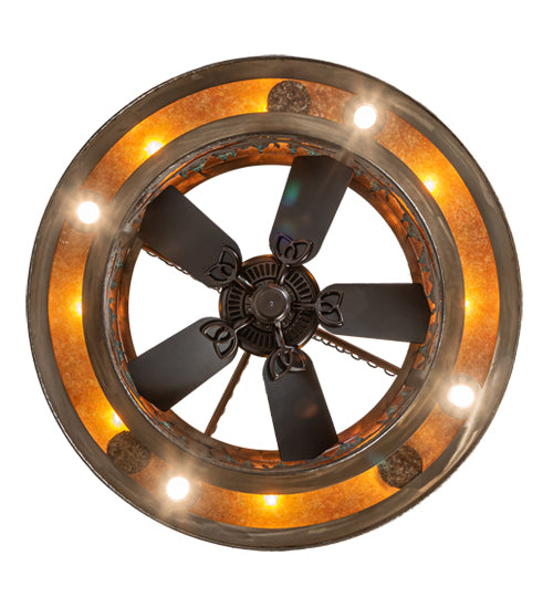 Meyda Lighting Tall Pines 45" 12-Light Antique Copper & Green Trees Chandelier With Amber Mica Shade Glass and Fan