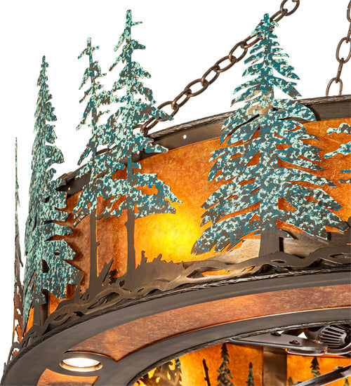 Meyda Lighting Tall Pines 45" 12-Light Antique Copper & Green Trees Chandelier With Amber Mica Shade Glass and Fan