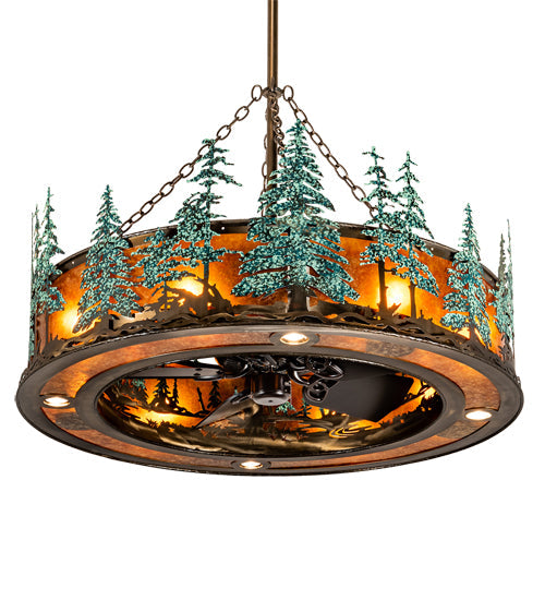 Meyda Lighting Tall Pines 45" 12-Light Antique Copper & Green Trees Chandelier With Amber Mica Shade Glass and Fan
