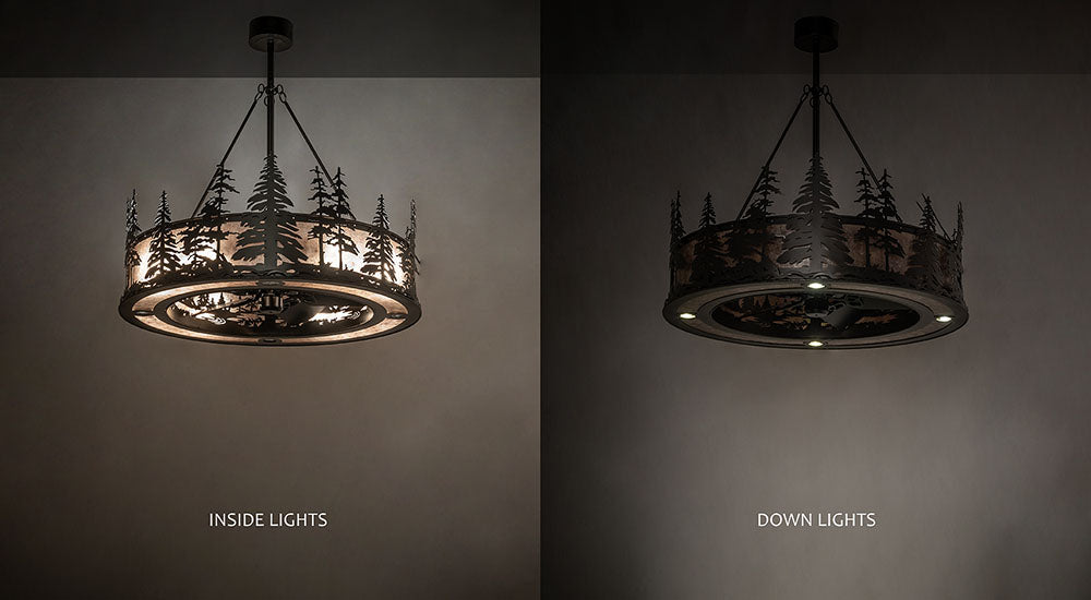Meyda Lighting Tall Pines 45" 12-Light Oil Rubbed Bronze Chandelier With Silver Mica Shade Glass and Fan