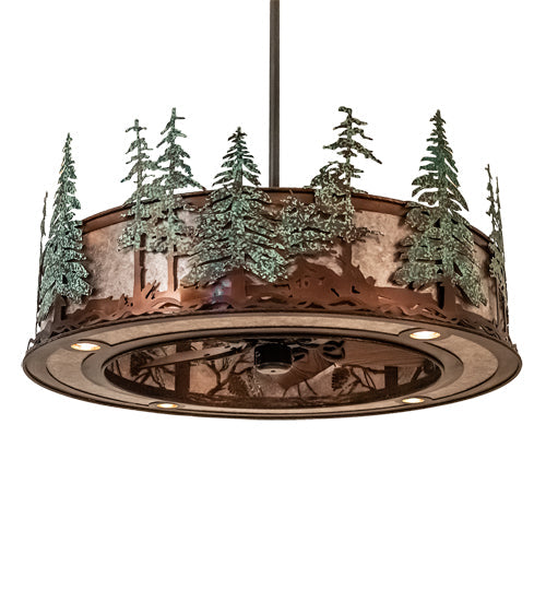 Meyda Lighting Tall Pines 45" 16-Light Vintage Copper & Oil Rubbed Bronze Chandelier With Silver Mica Shade Glass and Fan