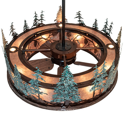 Meyda Lighting Tall Pines 45" 16-Light Vintage Copper & Oil Rubbed Bronze Chandelier With Silver Mica Shade Glass and Fan